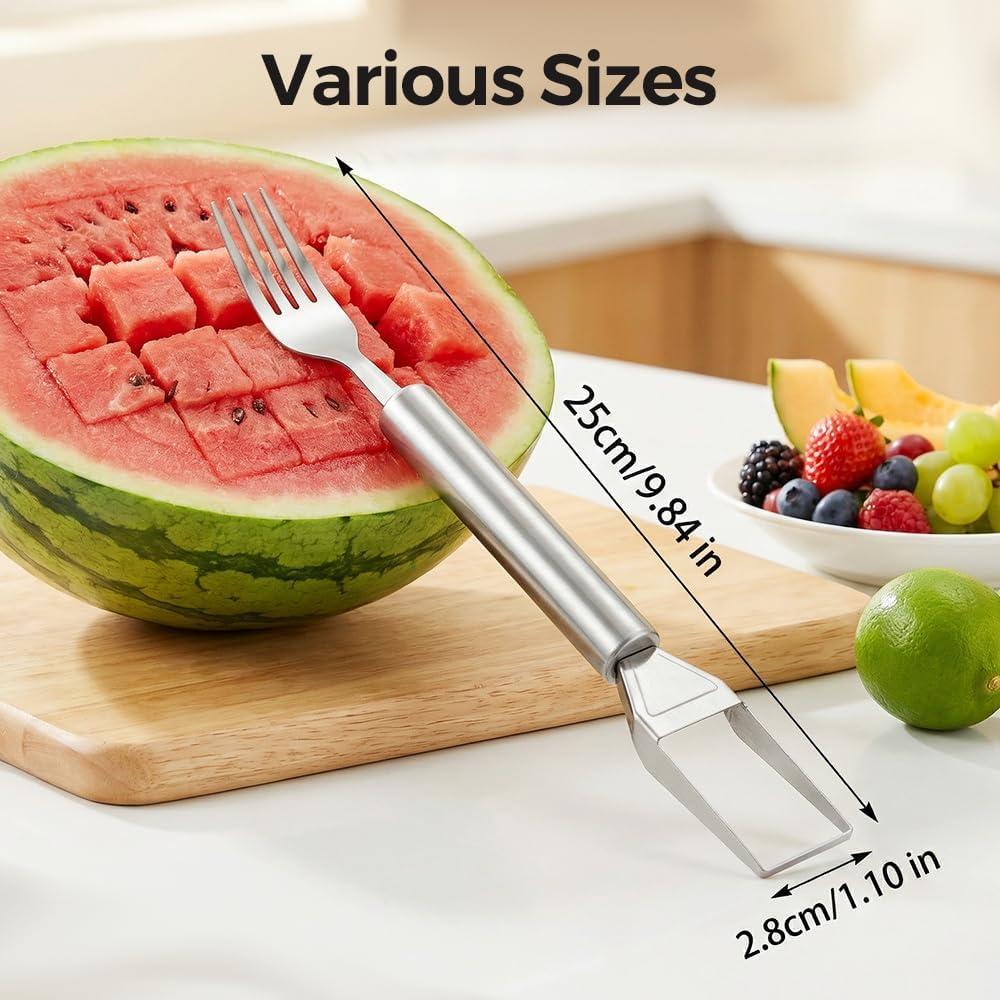 image:image2in1 Stainless Steel Fruit Cutter 2026 New Watermelon Fork Slicer Tool Watermelon Slicer and Fork Dual Head Fruit Forks for Home Kitchen Fruit Cubes 2 StyleAStyleA
