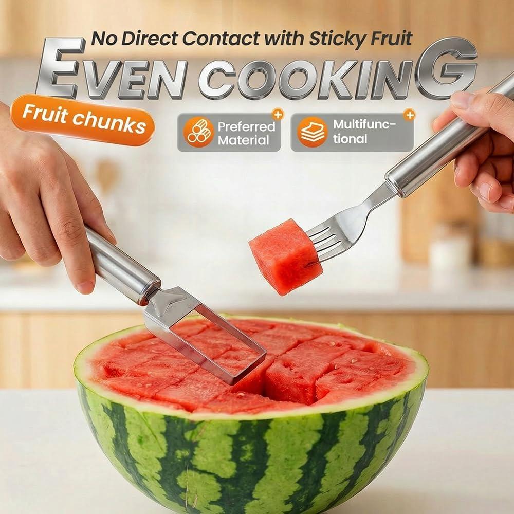 image:image2in1 Stainless Steel Fruit Cutter 2026 New Watermelon Fork Slicer Tool Watermelon Slicer and Fork Dual Head Fruit Forks for Home Kitchen Fruit Cubes 2 StyleAStyleA