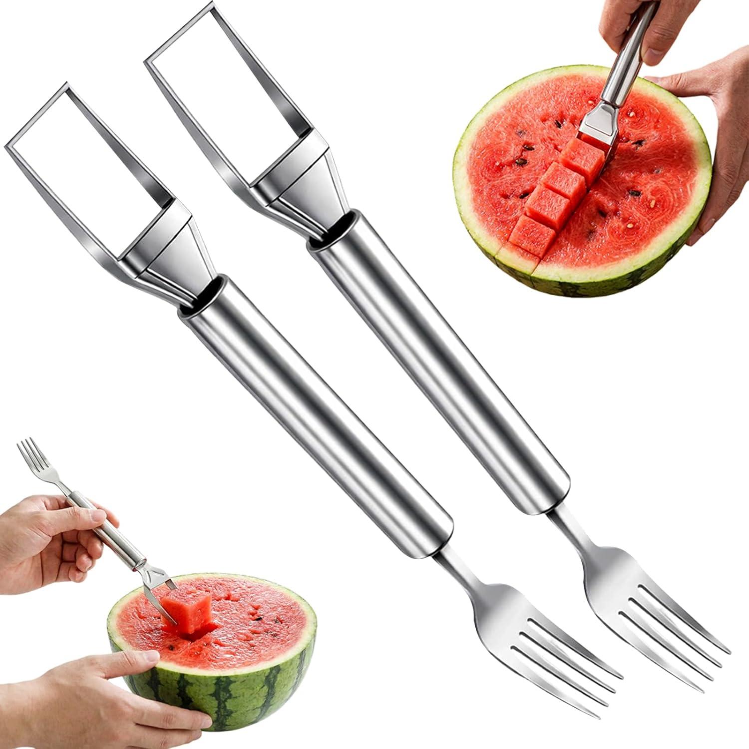 image:image2in1 Stainless Steel Fruit Cutter 2026 New Watermelon Fork Slicer Tool Watermelon Slicer and Fork Dual Head Fruit Forks for Home Kitchen Fruit Cubes 2 StyleAStyleA
