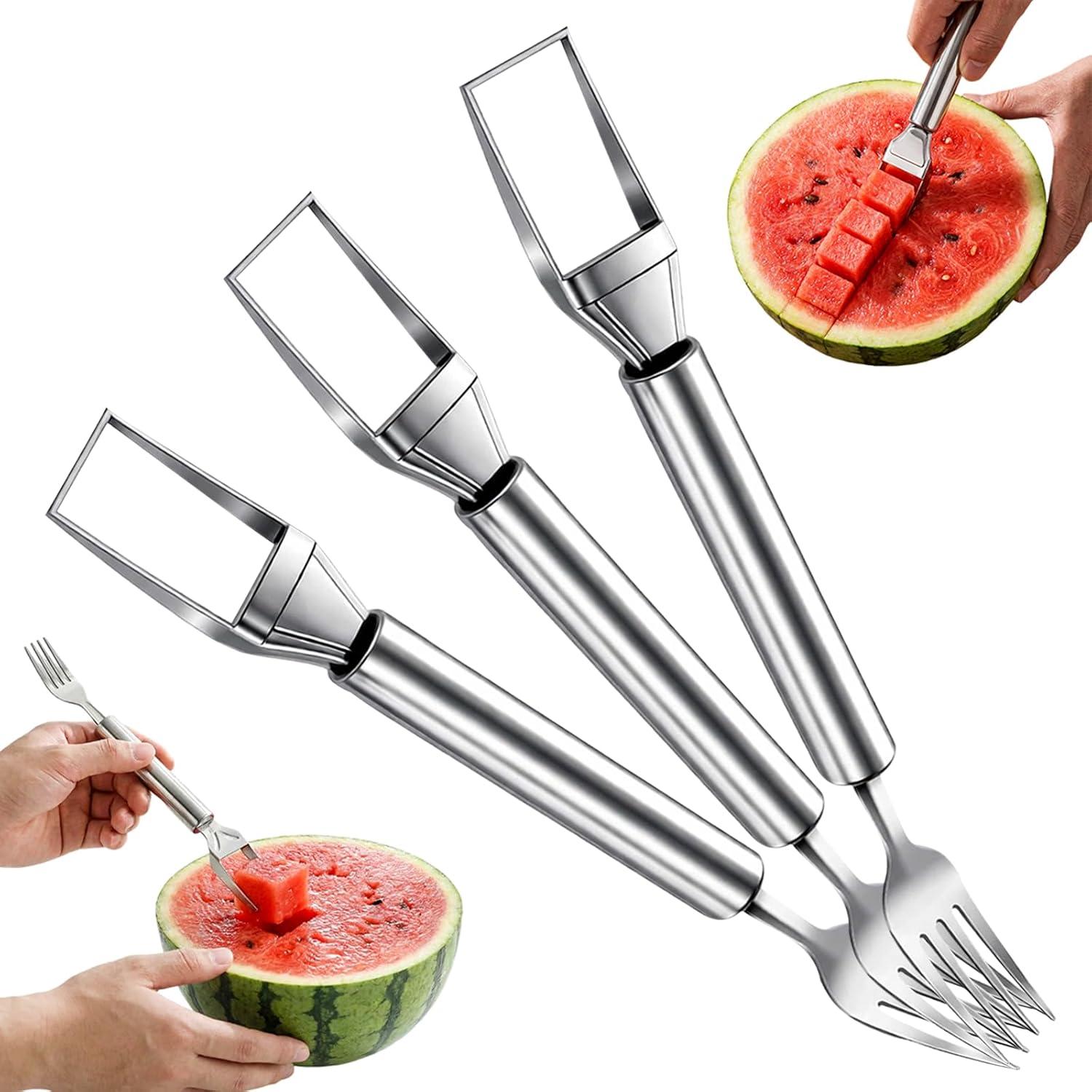 image:image2in1 Stainless Steel Fruit Cutter 2026 New Watermelon Fork Slicer Tool Watermelon Slicer and Fork Dual Head Fruit Forks for Home Kitchen Fruit Cubes 2 StyleAStyleA