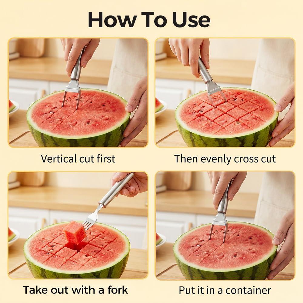 image:image2in1 Stainless Steel Fruit Cutter 2026 New Watermelon Fork Slicer Tool Watermelon Slicer and Fork Dual Head Fruit Forks for Home Kitchen Fruit Cubes 2 StyleAStyleA