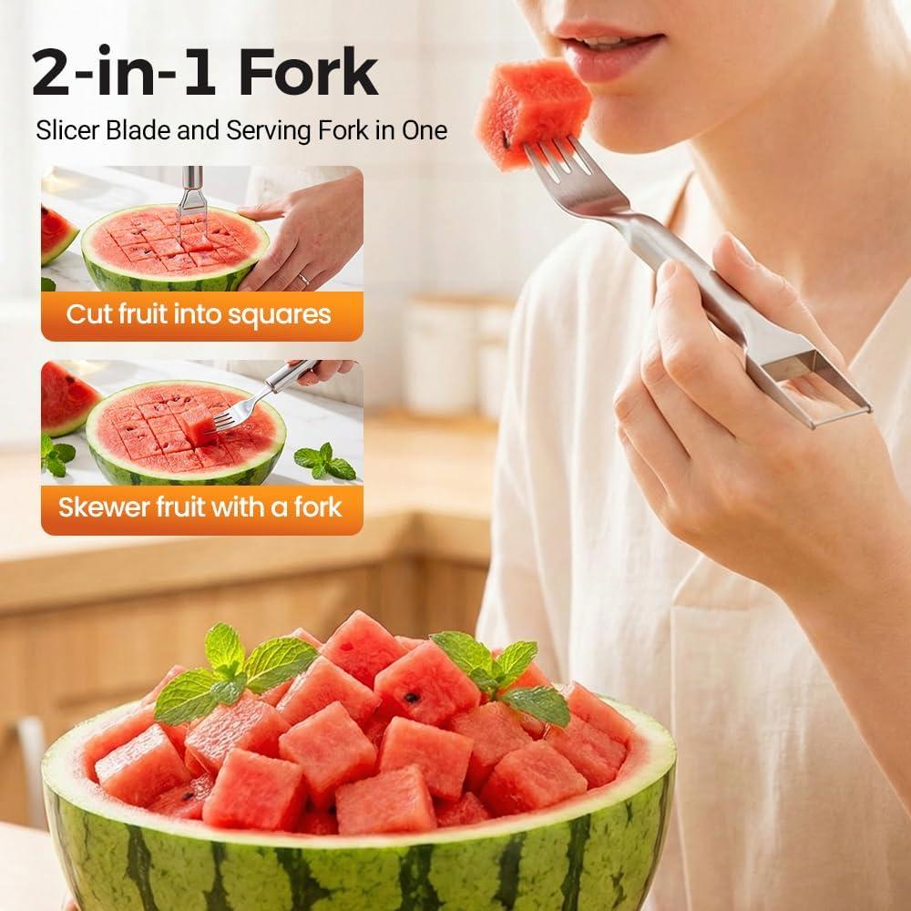 image:image2in1 Stainless Steel Fruit Cutter 2026 New Watermelon Fork Slicer Tool Watermelon Slicer and Fork Dual Head Fruit Forks for Home Kitchen Fruit Cubes 2 StyleAStyleA