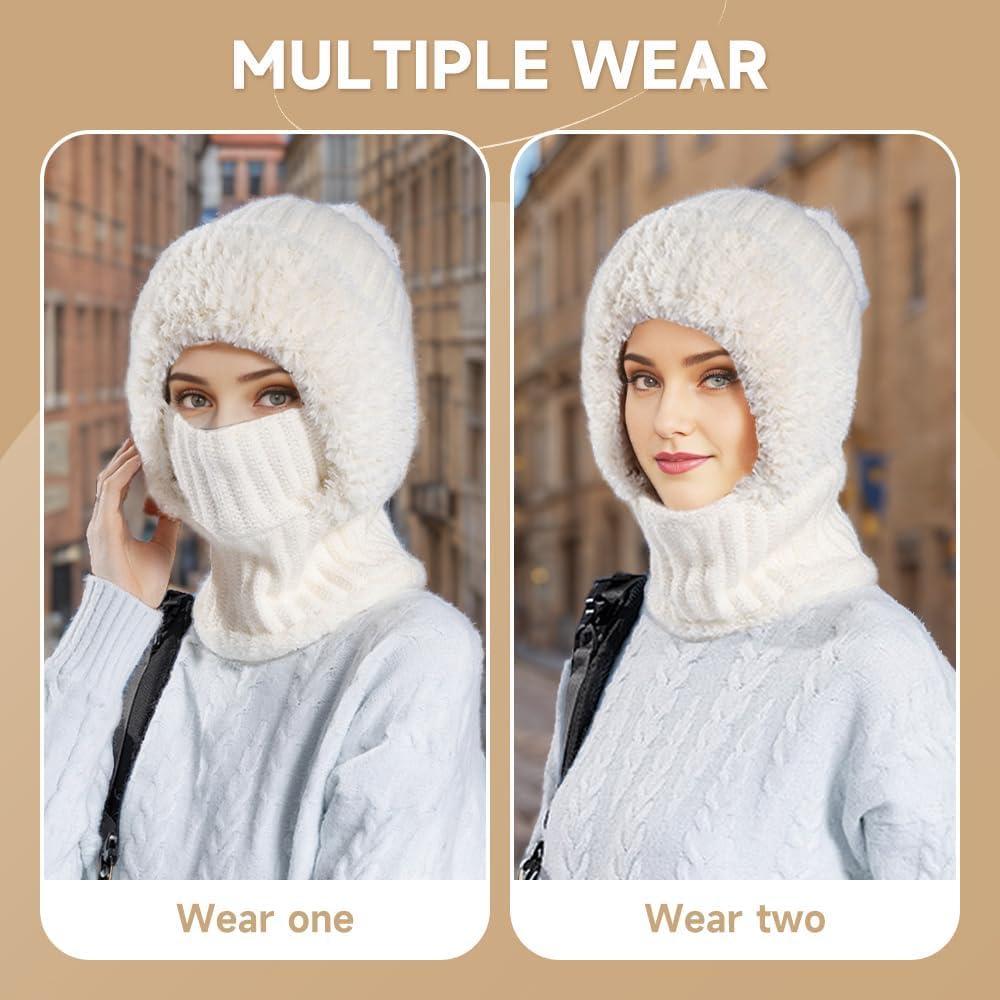 image:imageWomens Knitted Hat for Autumn and Winter 2026 New Outdoor Warm Hat with Face Mask and Hooded Scarf for Keeping WarmBeige