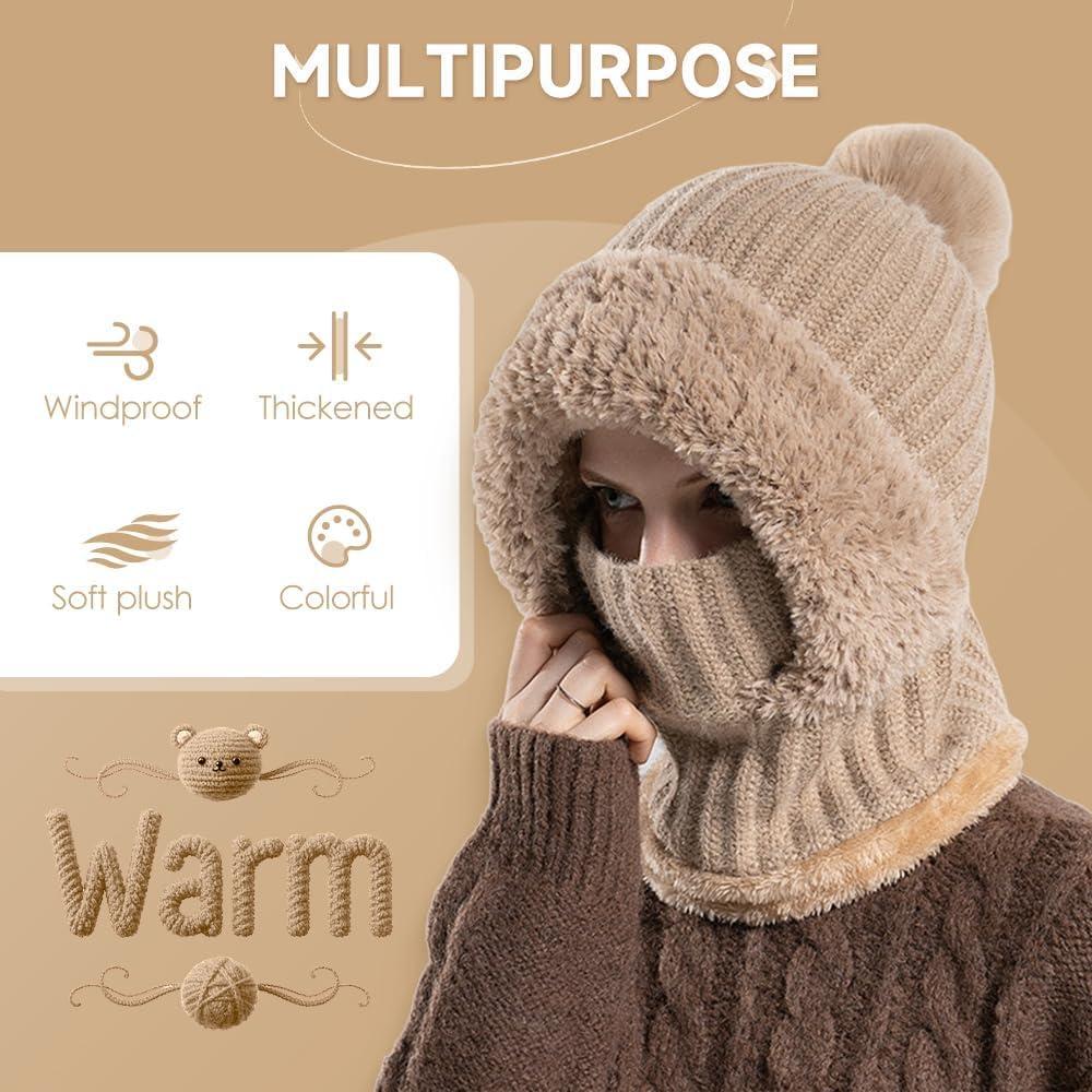 image:imageWomens Knitted Hat for Autumn and Winter 2026 New Outdoor Warm Hat with Face Mask and Hooded Scarf for Keeping WarmPink
