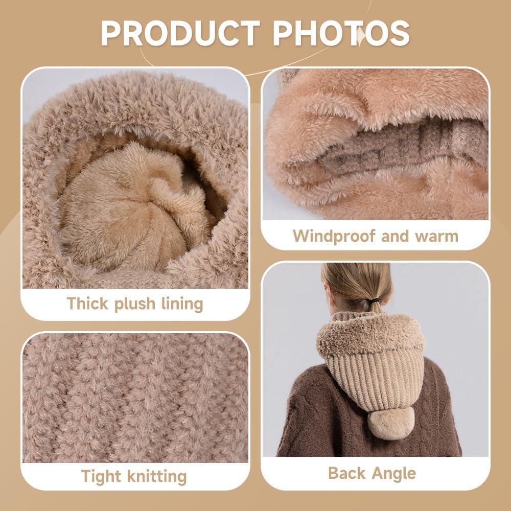 image:imageWomens Knitted Hat for Autumn and Winter 2026 New Outdoor Warm Hat with Face Mask and Hooded Scarf for Keeping WarmPink
