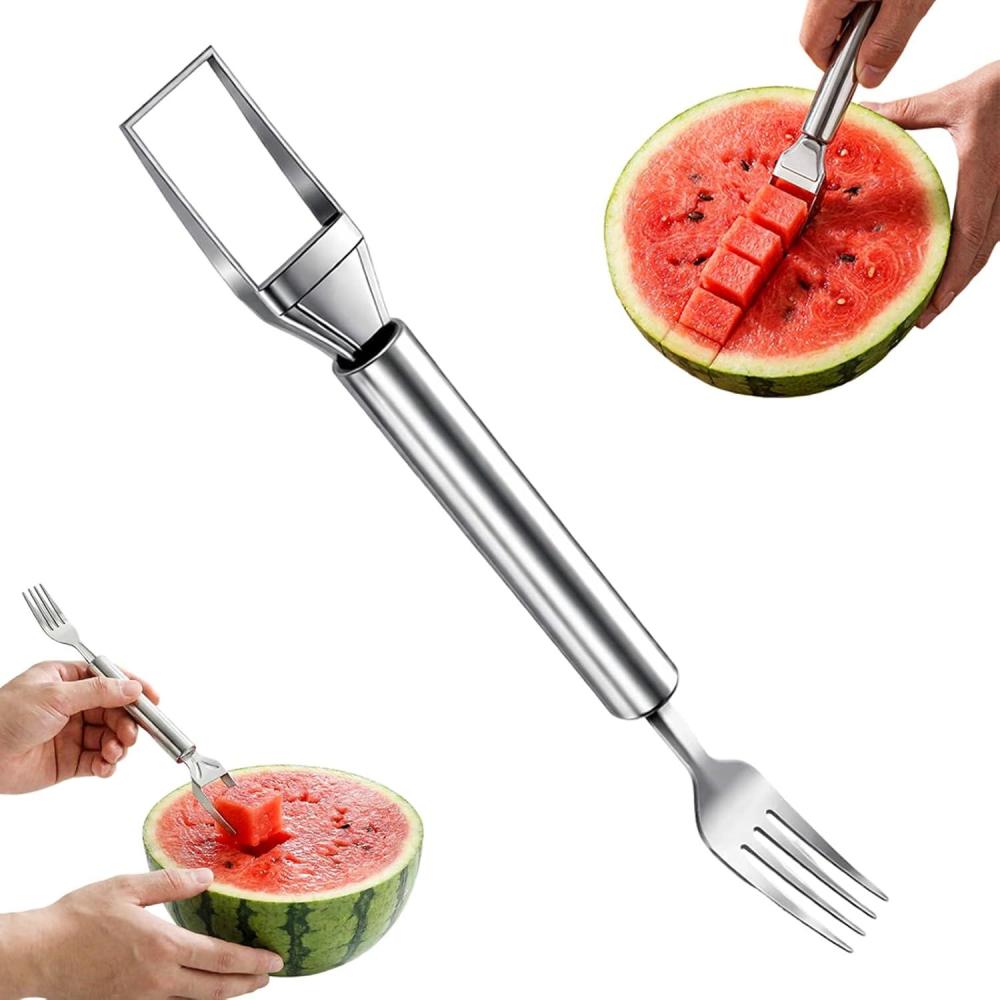 image:image2in1 Stainless Steel Fruit Cutter 2026 New Watermelon Fork Slicer Tool Watermelon Slicer and Fork Dual Head Fruit Forks for Home Kitchen Fruit Cubes 2 StyleAStyleA
