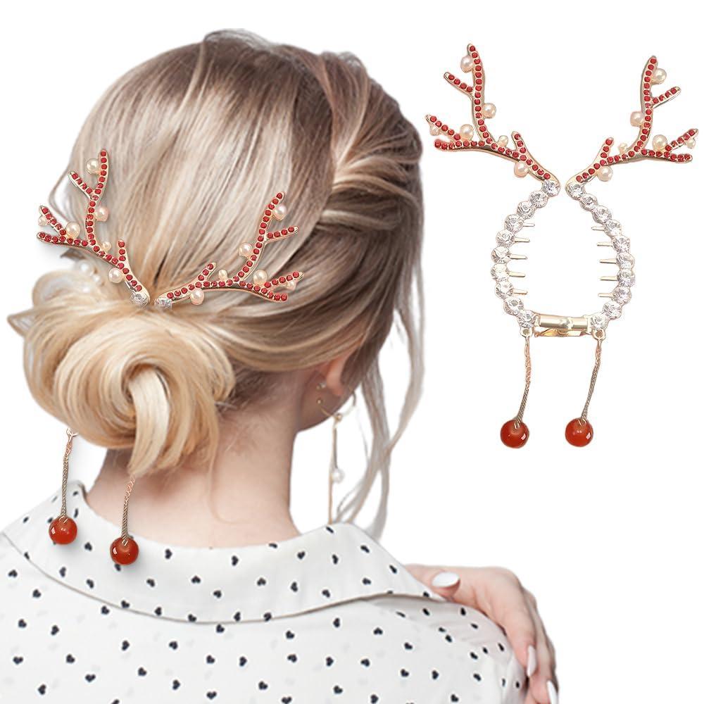 image:imageChristmas Reindeer Ponytail Bun Holder 2025 New Reindeer Hair Decorative Christmas Gifts Cute Hair Clips for Stocking Stuffers Xmas Hair Styling Accessories for Women WhiteRed