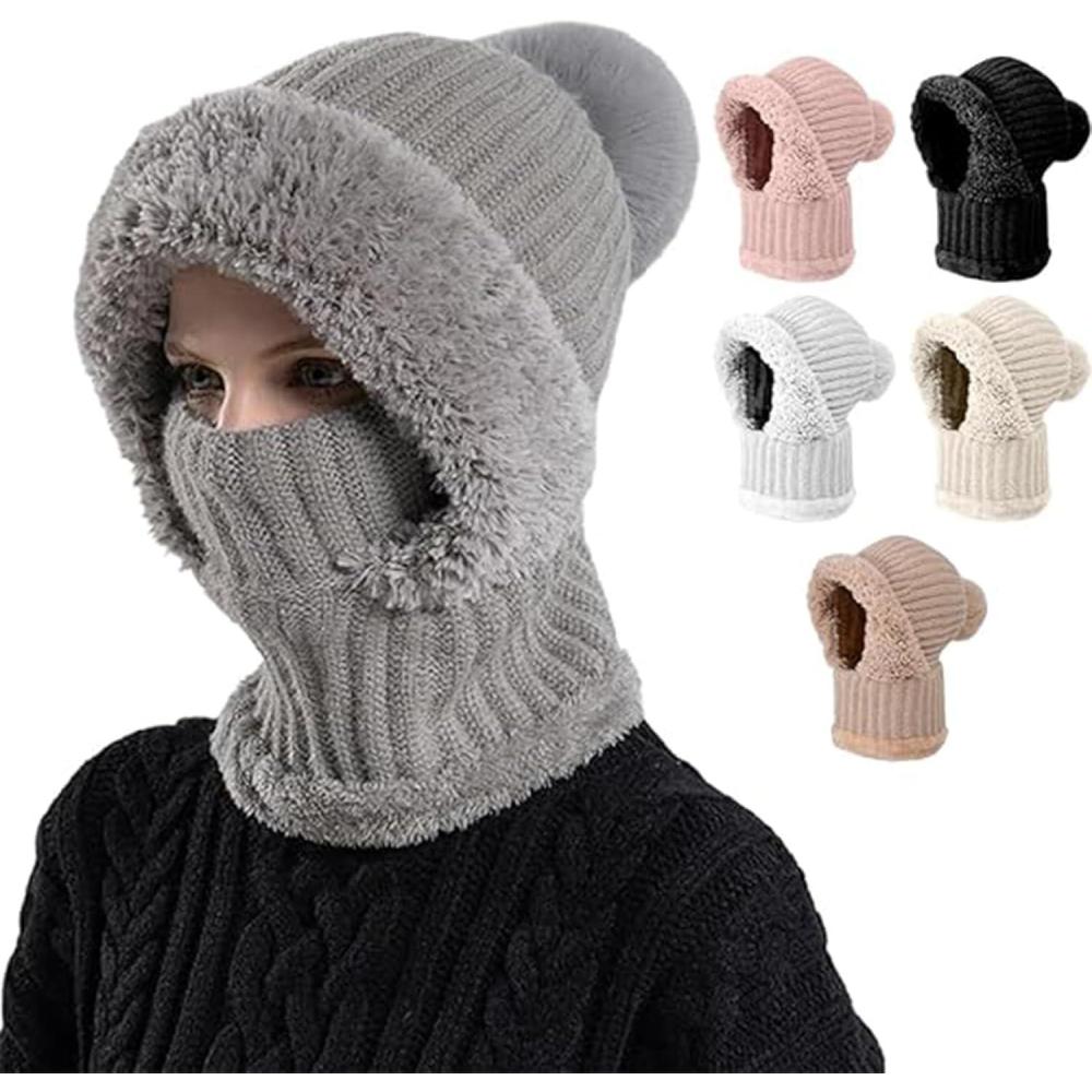 image:imageWomens Knitted Hat for Autumn and Winter 2026 New Outdoor Warm Hat with Face Mask and Hooded Scarf for Keeping WarmGrey