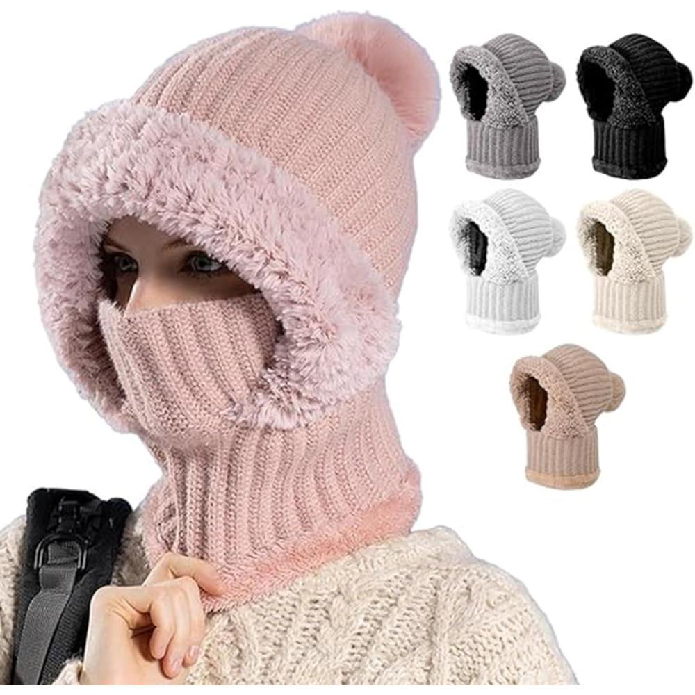 image:imageWomens Knitted Hat for Autumn and Winter 2026 New Outdoor Warm Hat with Face Mask and Hooded Scarf for Keeping WarmPink