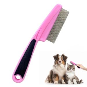 Flea Comb with Rubber Handle, 2025 Upgraded Fine Tooth Dandruff Comb for Dogs & Cats, Fine Tooth Dog Combs for Grooming (Pink)(Pink)