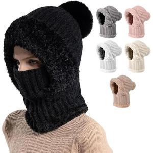 Women’s Knitted Hat for Autumn and Winter, 2026 New Outdoor Warm Hat with Face Mask and Hooded Scarf for Keeping Warm(Black)