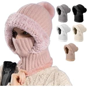 Women’s Knitted Hat for Autumn and Winter, 2026 New Outdoor Warm Hat with Face Mask and Hooded Scarf for Keeping Warm(Pink)