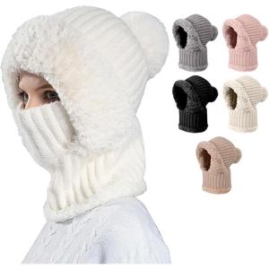 Women’s Knitted Hat for Autumn and Winter, 2026 New Outdoor Warm Hat with Face Mask and Hooded Scarf for Keeping Warm(White)