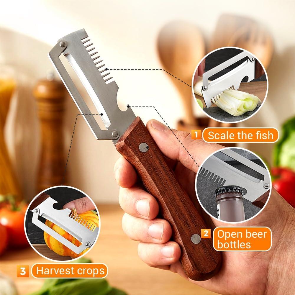 image:imageMultiFunctional Vegetable Peeler for Kitchen 2026 New Stainless Steel Peeler with Wooden Handle and Bottle Opener Kitchen Tool for Fruit Veggie Pumpkin Gifts for Mom Brown1PCBrown2PCS
