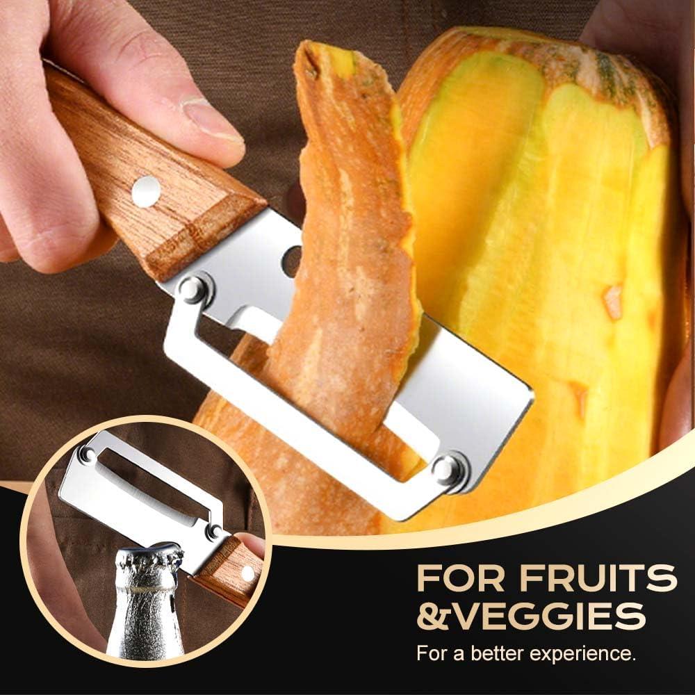 image:imageMultiFunctional Vegetable Peeler for Kitchen 2026 New Stainless Steel Peeler with Wooden Handle and Bottle Opener Kitchen Tool for Fruit Veggie Pumpkin Gifts for Mom Brown1PCWood2PCS