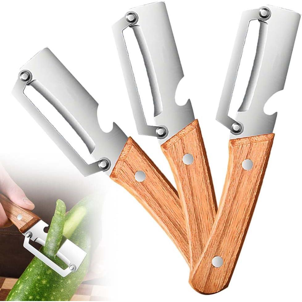 image:imageMultiFunctional Vegetable Peeler for Kitchen 2026 New Stainless Steel Peeler with Wooden Handle and Bottle Opener Kitchen Tool for Fruit Veggie Pumpkin Gifts for Mom Brown1PC3PCS